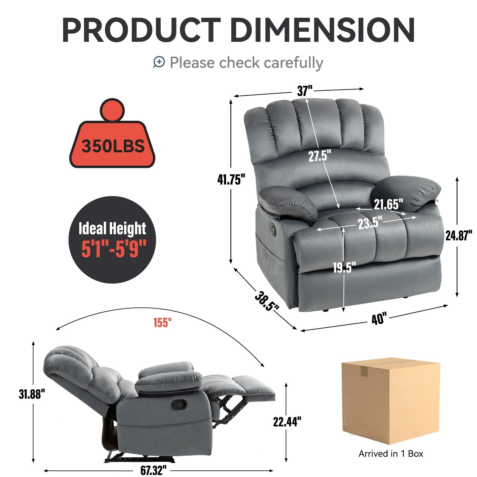Grand fauteuil inclinable manuel en tissu pour salon