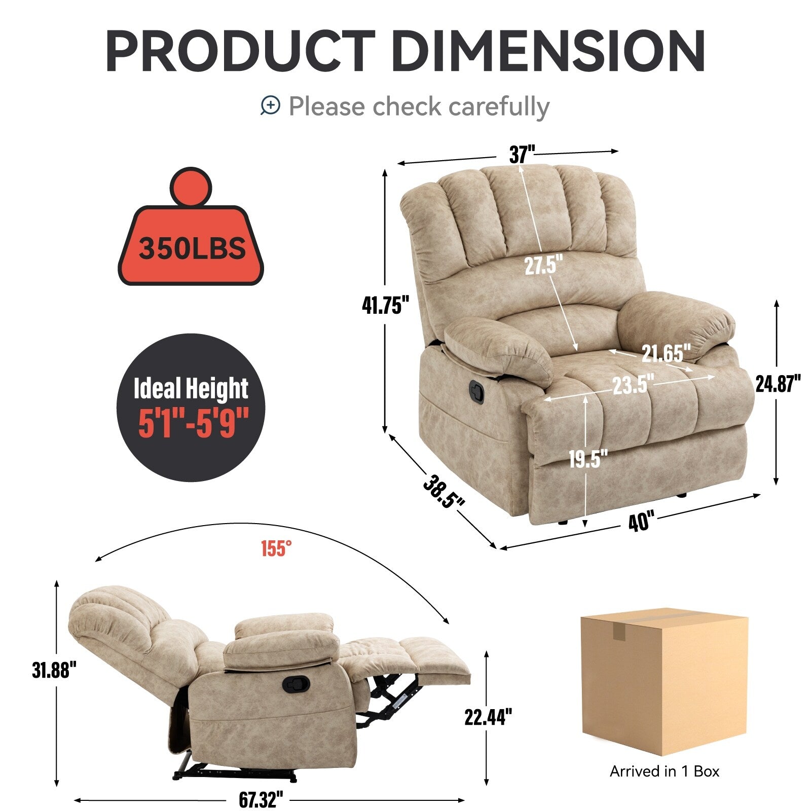 Grand fauteuil inclinable manuel en tissu pour salon