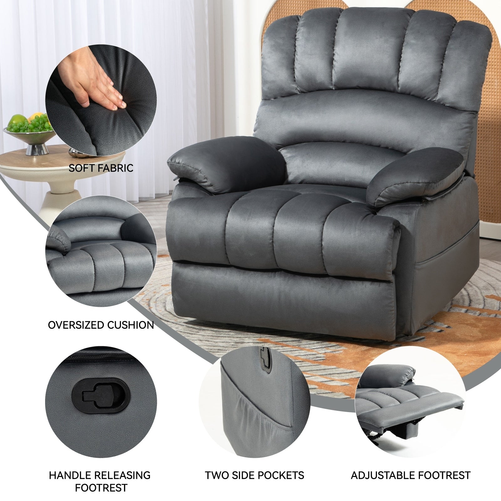 Grand fauteuil inclinable manuel en tissu pour salon