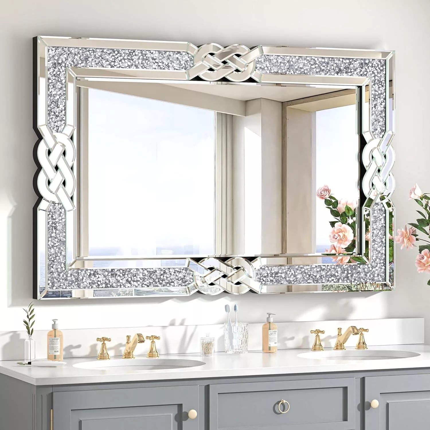 Grand miroir mural emboîtable avec perles de cristal rectangulaires
