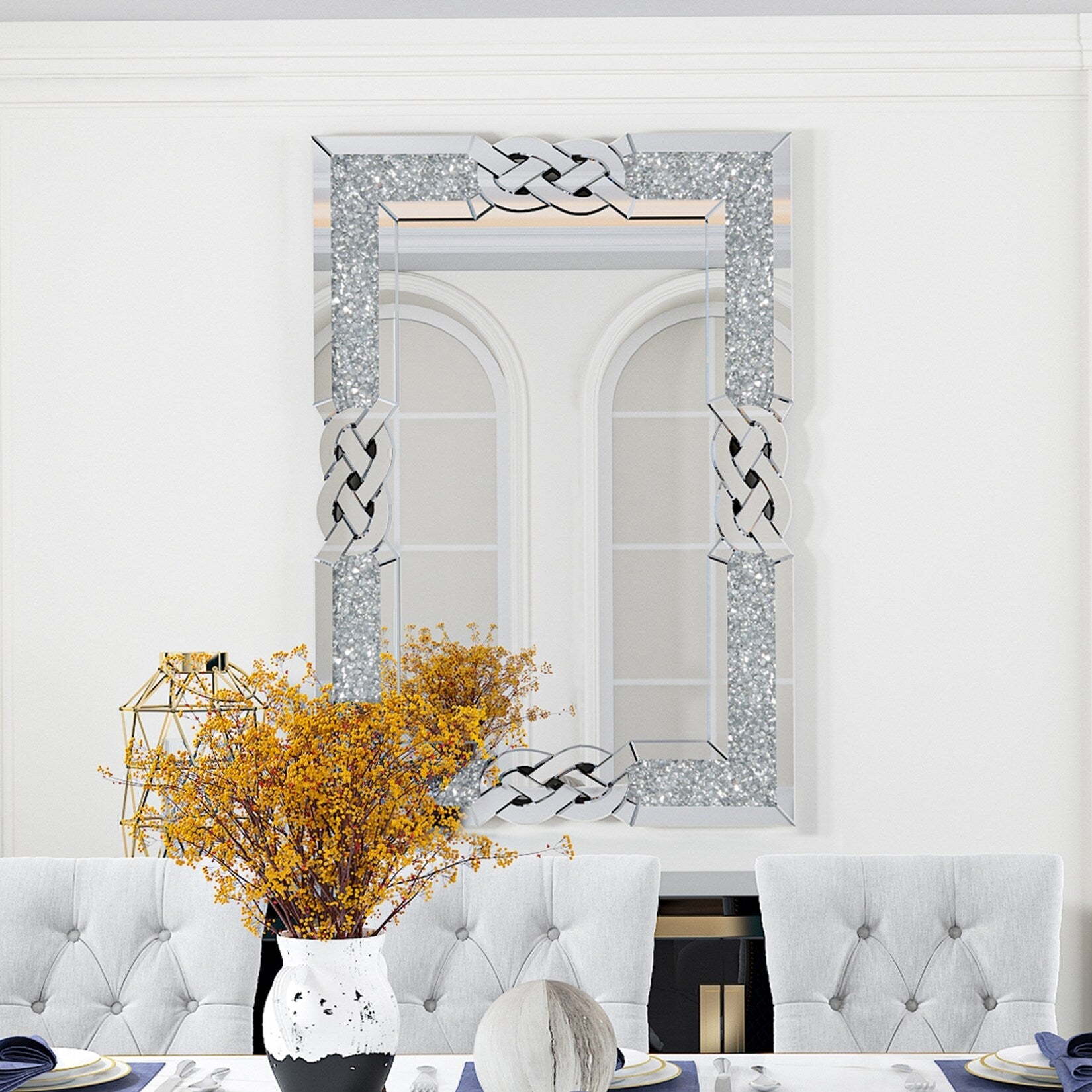 Grand miroir mural emboîtable avec perles de cristal rectangulaires