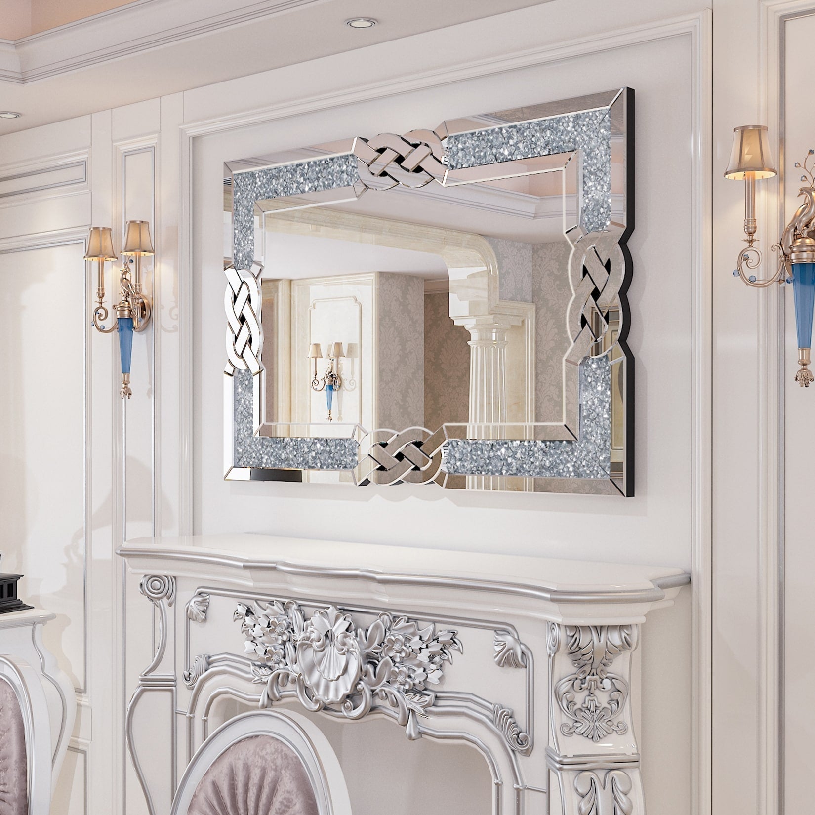 Grand miroir mural emboîtable avec perles de cristal rectangulaires