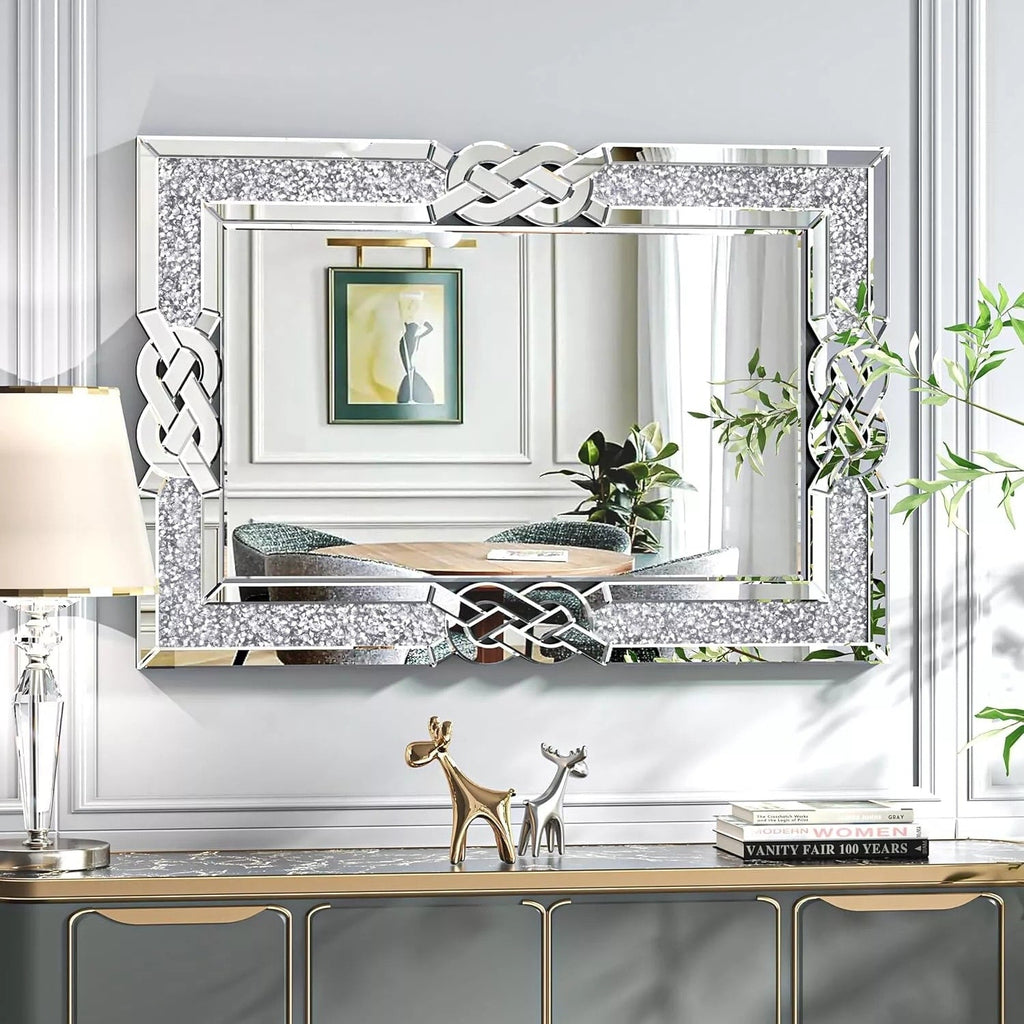 Grand miroir mural emboîtable avec perles de cristal rectangulaires