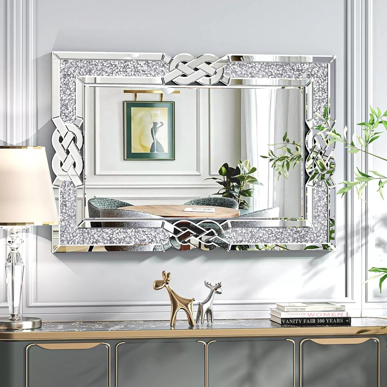 Grand miroir mural emboîtable avec perles de cristal rectangulaires