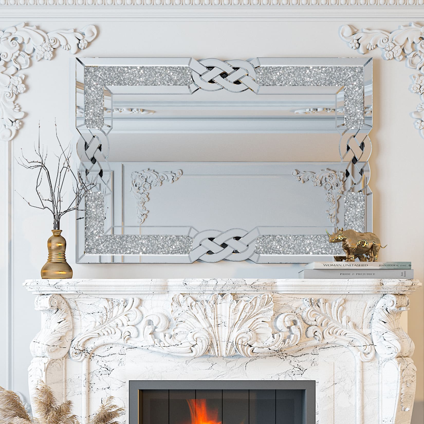 Grand miroir mural emboîtable avec perles de cristal rectangulaires