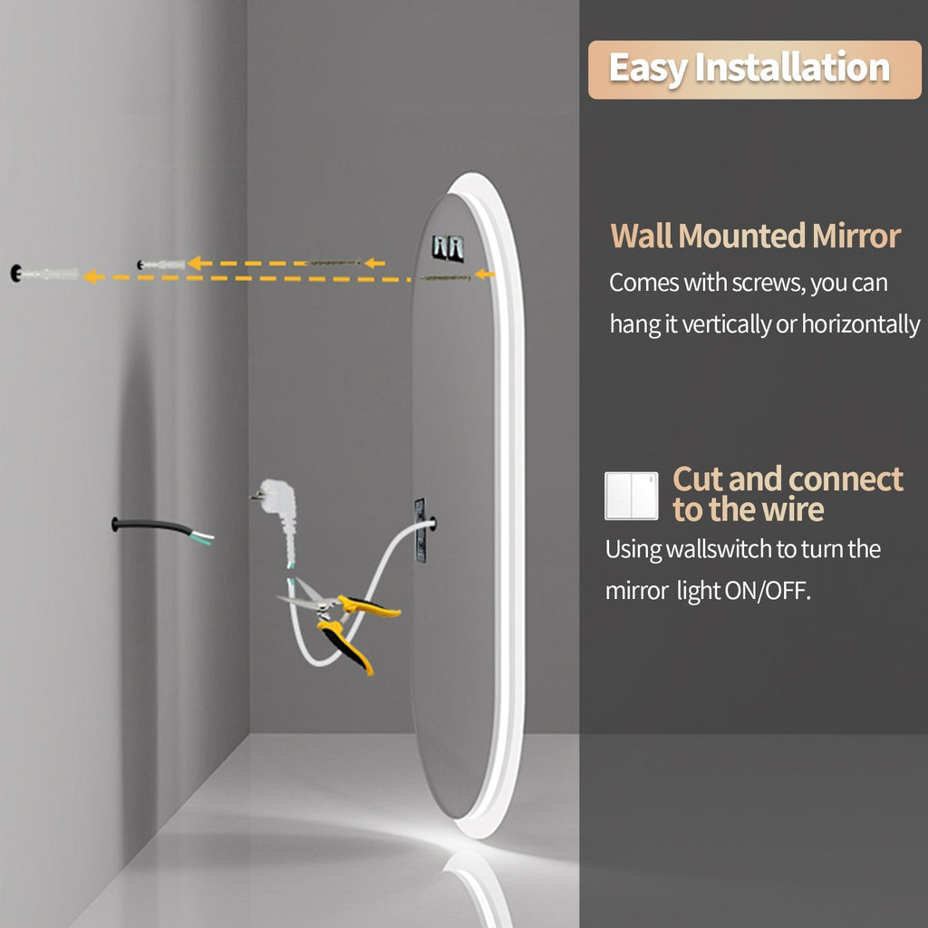 Grand miroir mural de salle de bain ovale sans cadre à LED, rétroéclairé à 3 niveaux, antibuée