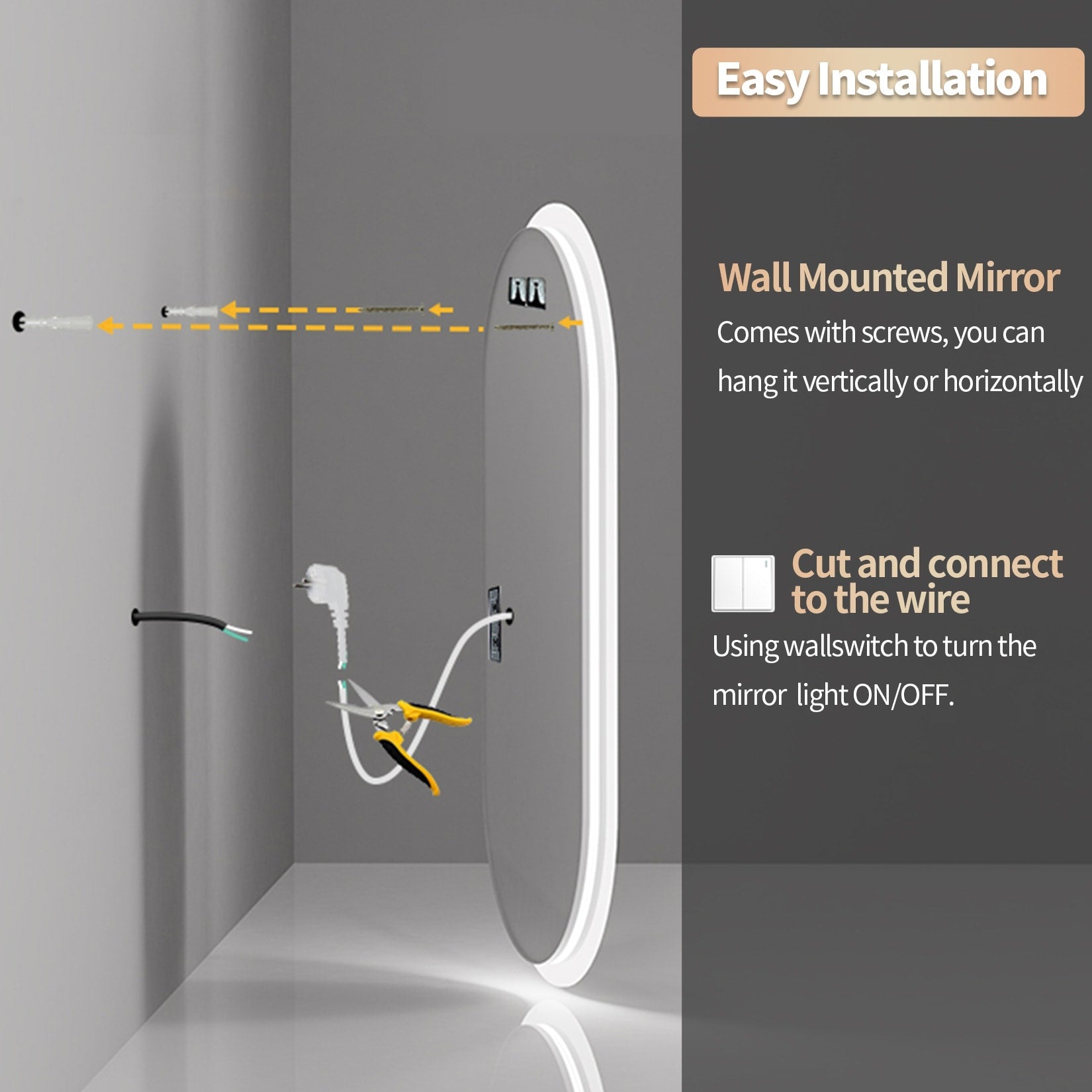 Grand miroir mural de salle de bain ovale sans cadre à LED, rétroéclairé à 3 niveaux, antibuée
