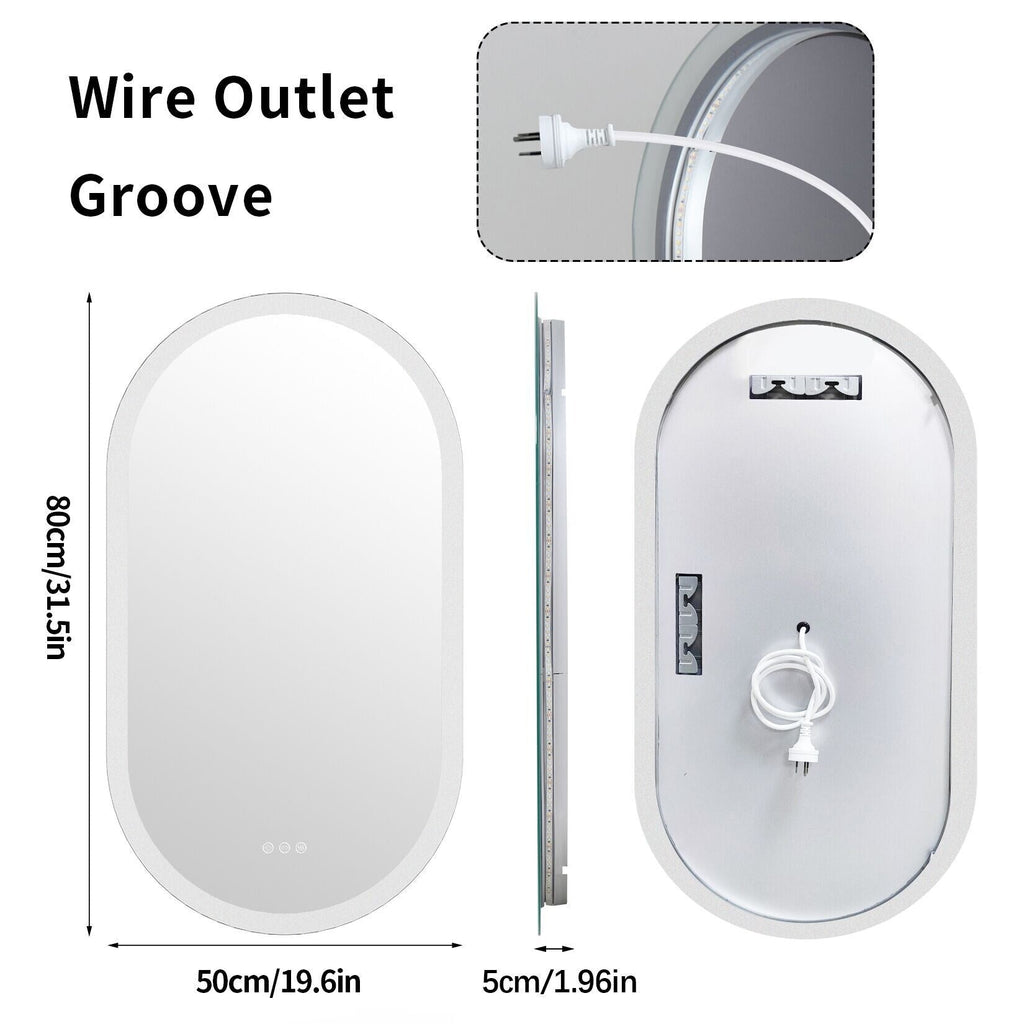 Grand miroir mural de salle de bain ovale sans cadre à LED, rétroéclairé à 3 niveaux, antibuée