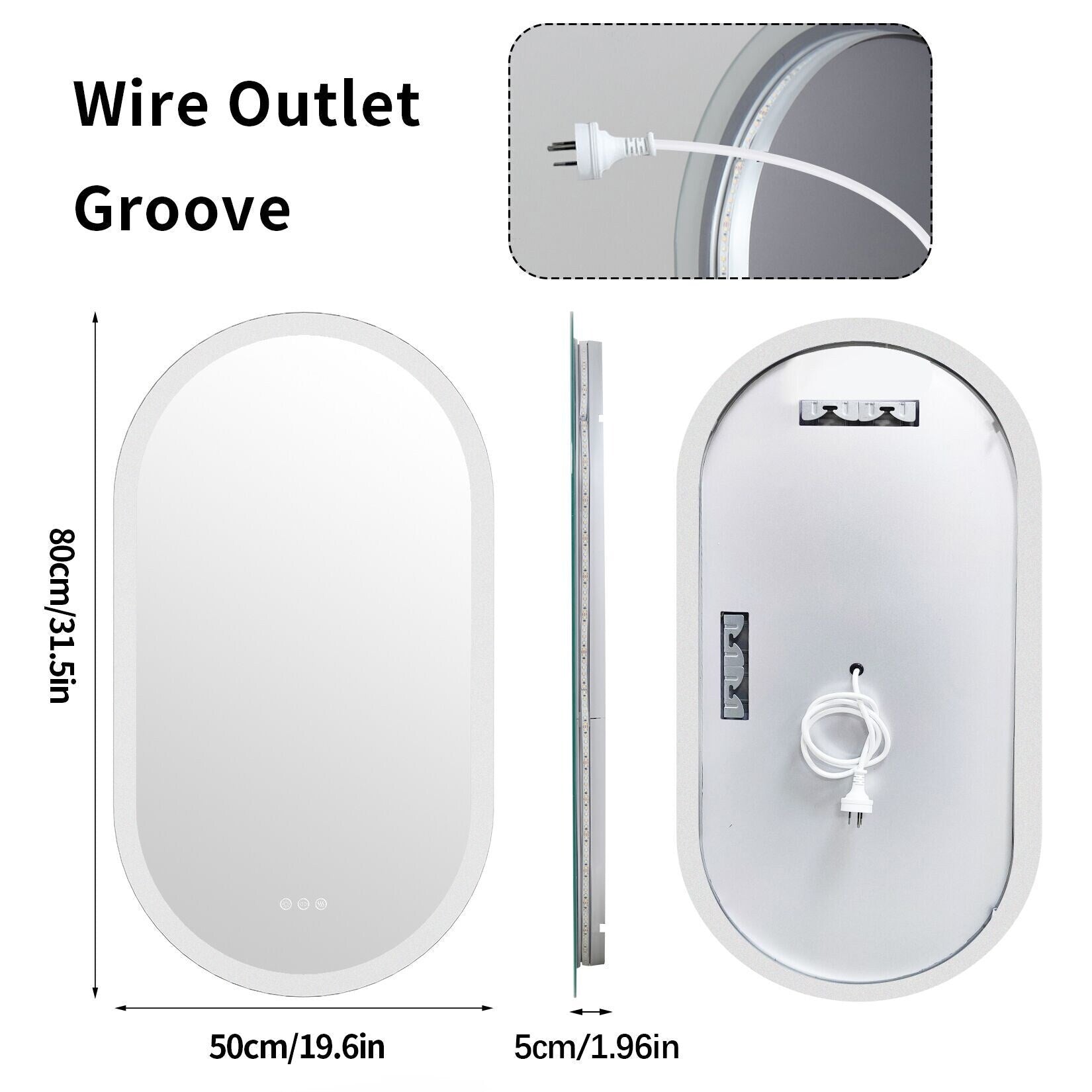 Grand miroir mural de salle de bain ovale sans cadre à LED, rétroéclairé à 3 niveaux, antibuée