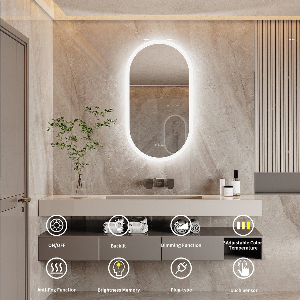 Grand miroir mural de salle de bain ovale sans cadre à LED, rétroéclairé à 3 niveaux, antibuée