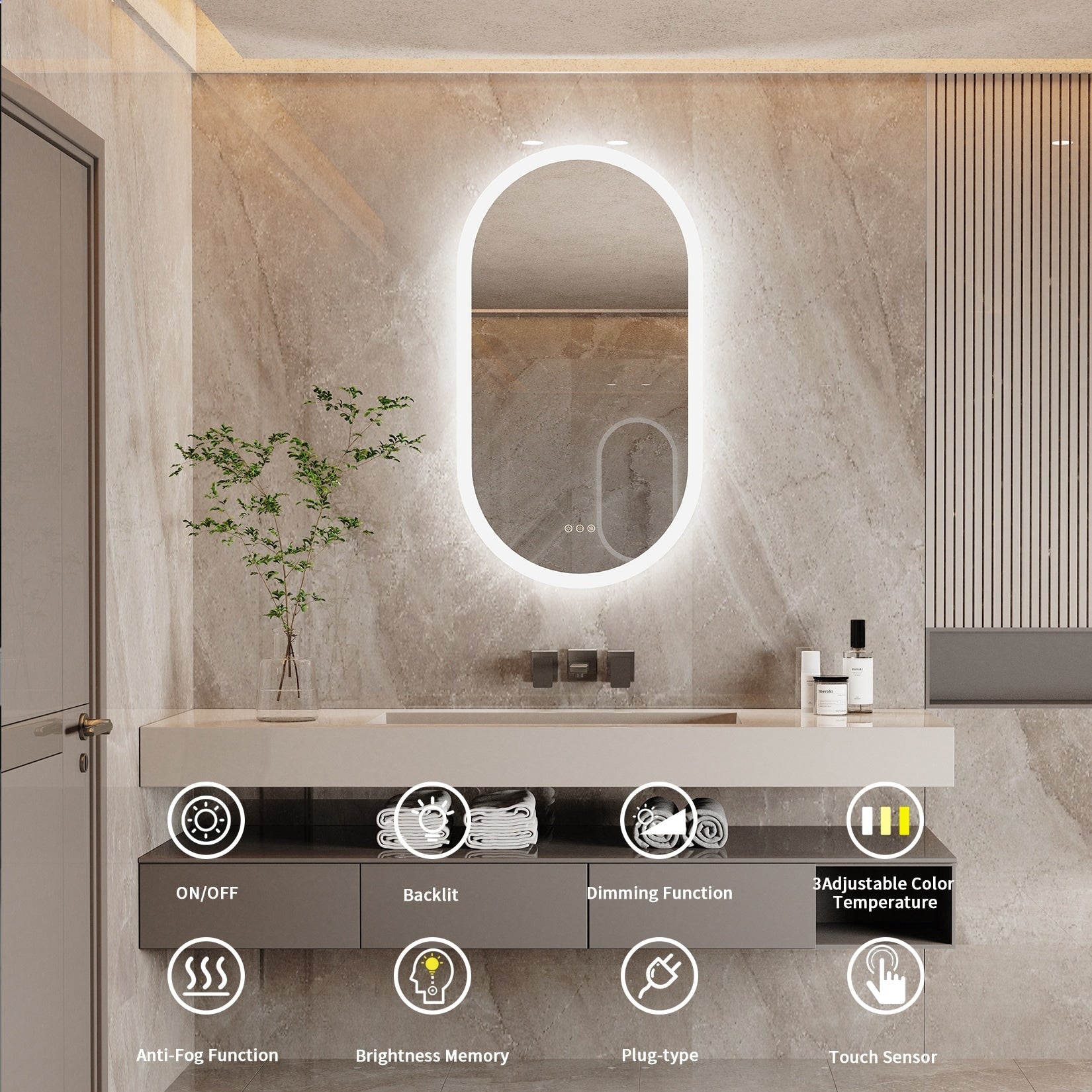 Grand miroir mural de salle de bain ovale sans cadre à LED, rétroéclairé à 3 niveaux, antibuée