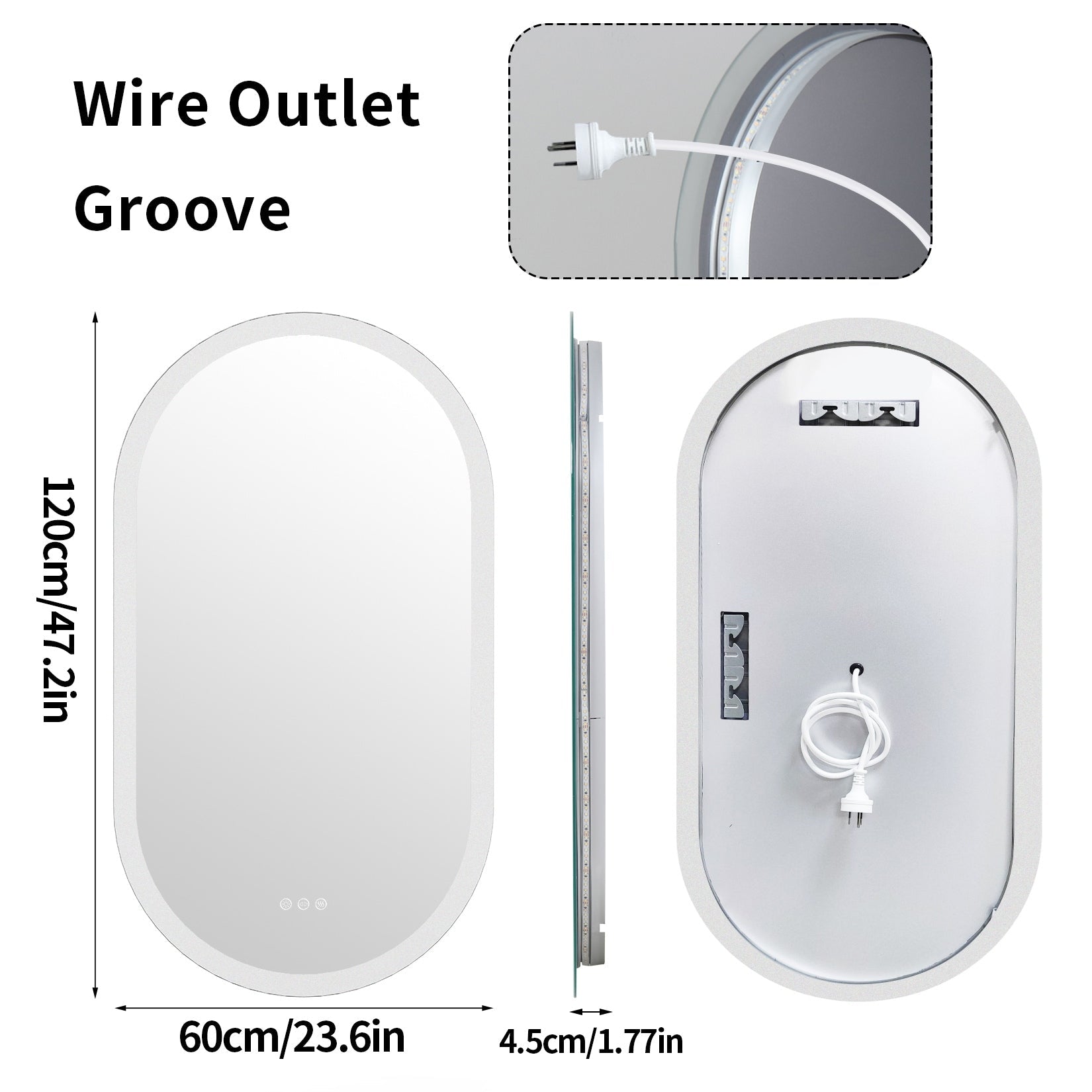 Grand miroir mural de salle de bain ovale sans cadre à LED, rétroéclairé à 3 niveaux, antibuée