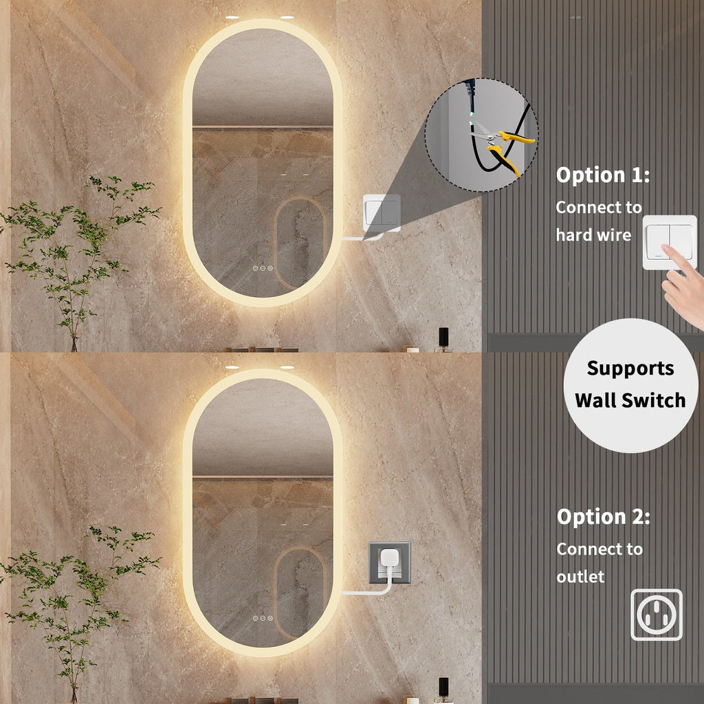 Grand miroir mural de salle de bain ovale sans cadre à LED, rétroéclairé à 3 niveaux, antibuée