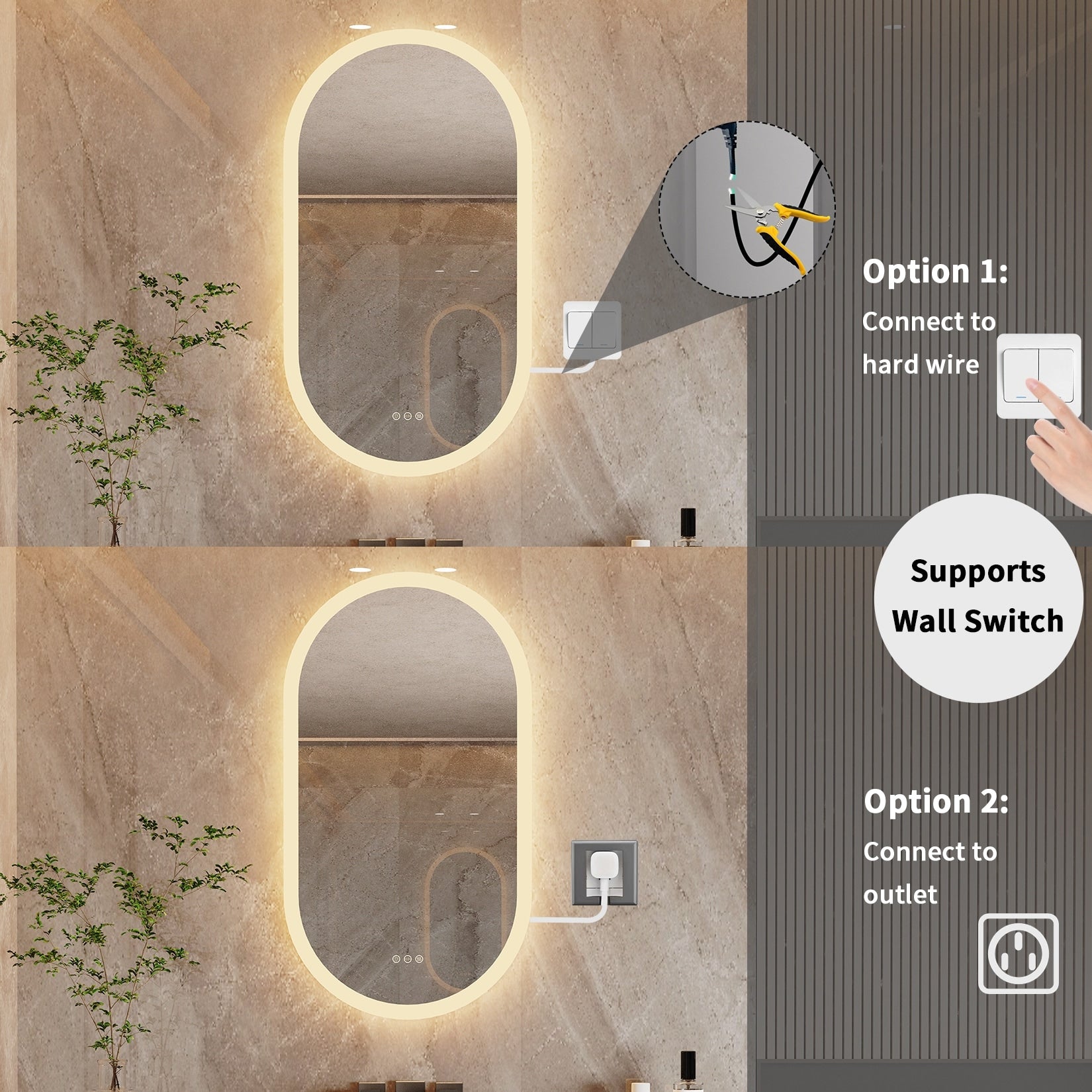 Grand miroir mural de salle de bain ovale sans cadre à LED, rétroéclairé à 3 niveaux, antibuée