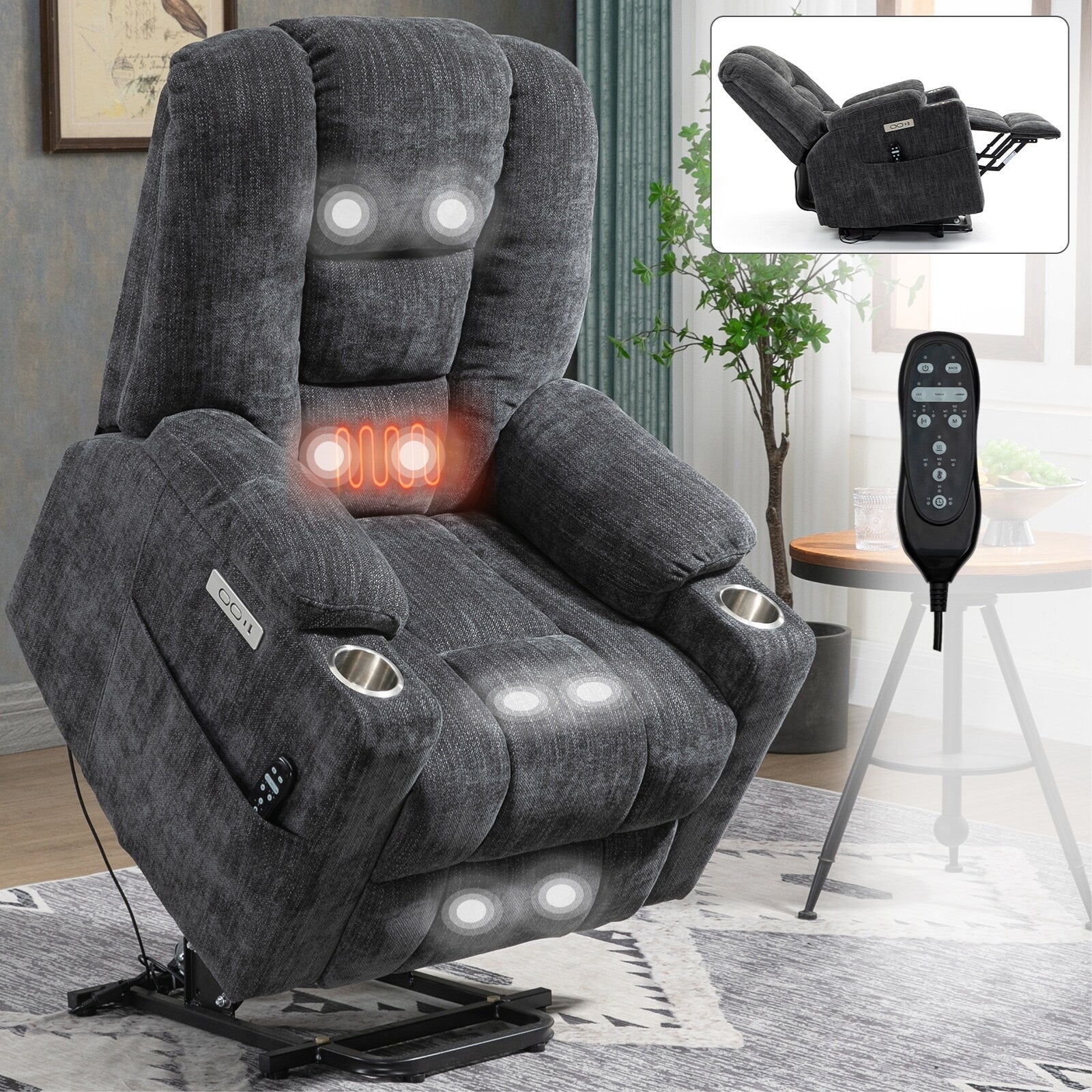 Grand fauteuil inclinable électrique avec massage, chauffage, deux ports USB, port Type-C et porte-gobelets en acier