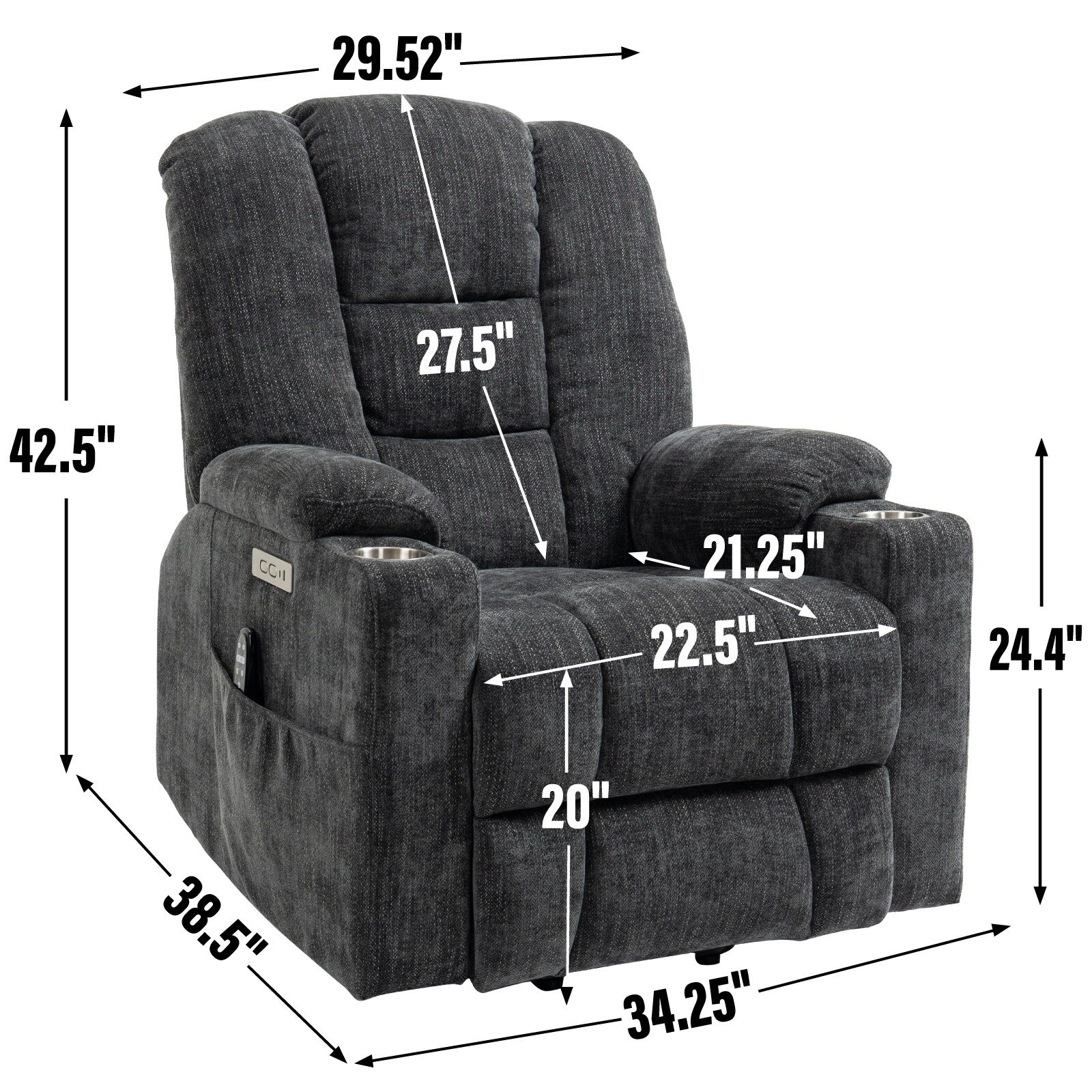 Grand fauteuil inclinable électrique avec massage, chauffage, deux ports USB, port Type-C et porte-gobelets en acier