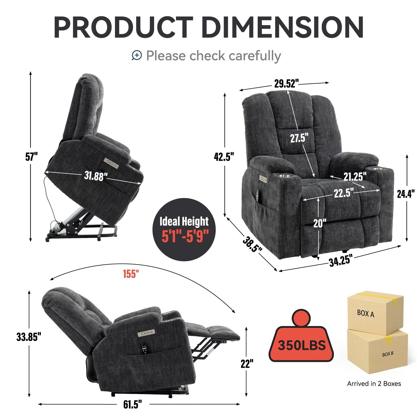 Grand fauteuil inclinable électrique avec massage, chauffage, deux ports USB, port Type-C et porte-gobelets en acier