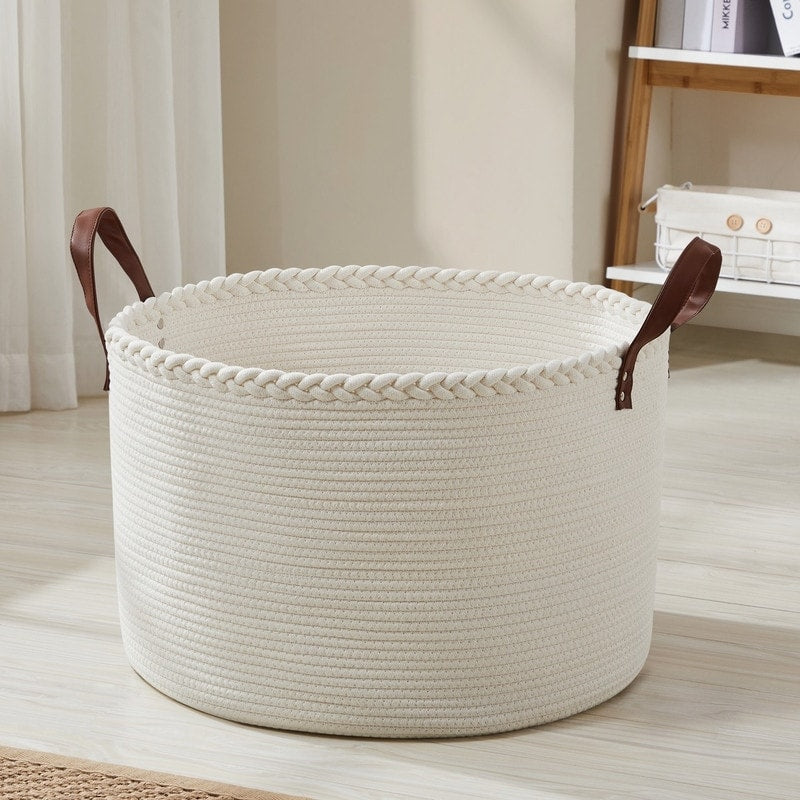 Grand panier à linge rond en corde de coton avec poignées en cuir, 21 x 21 x 14 - 21 x 21 x 14