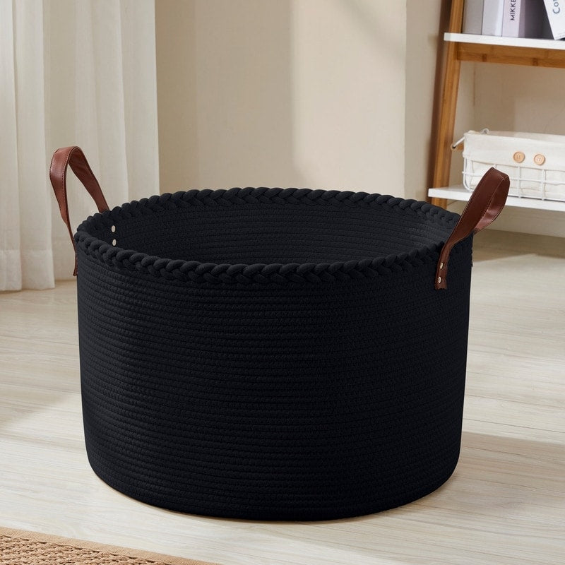 Grand panier à linge rond en corde de coton avec poignées en cuir, 21 x 21 x 14 - 21 x 21 x 14