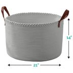 Grand panier à linge rond en corde de coton avec poignées en cuir, 21 x 21 x 14 - 21 x 21 x 14