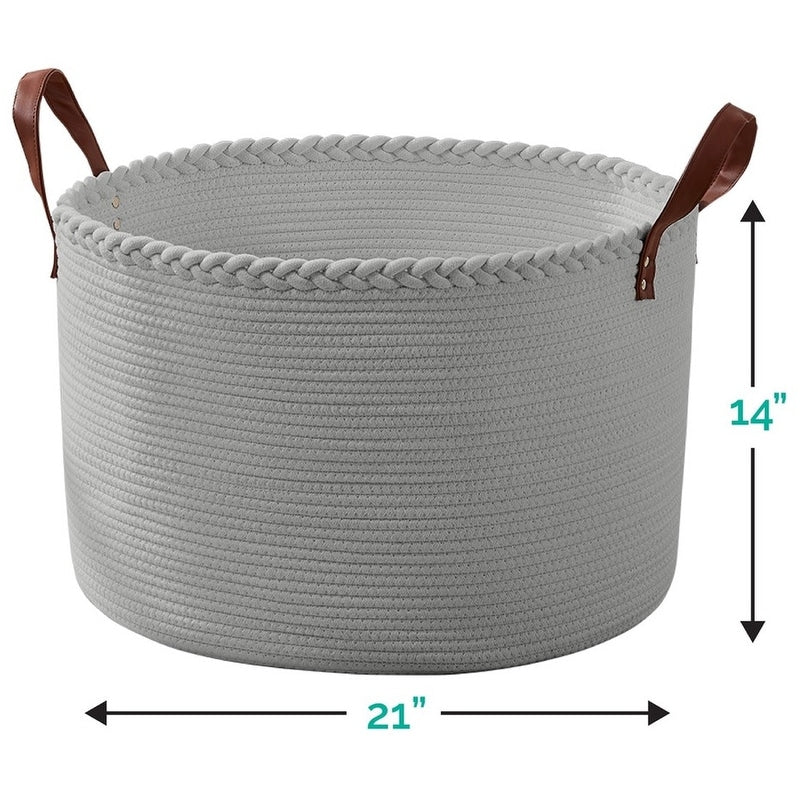 Grand panier à linge rond en corde de coton avec poignées en cuir, 21 x 21 x 14 - 21 x 21 x 14
