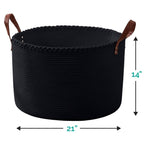Grand panier à linge rond en corde de coton avec poignées en cuir, 21 x 21 x 14 - 21 x 21 x 14