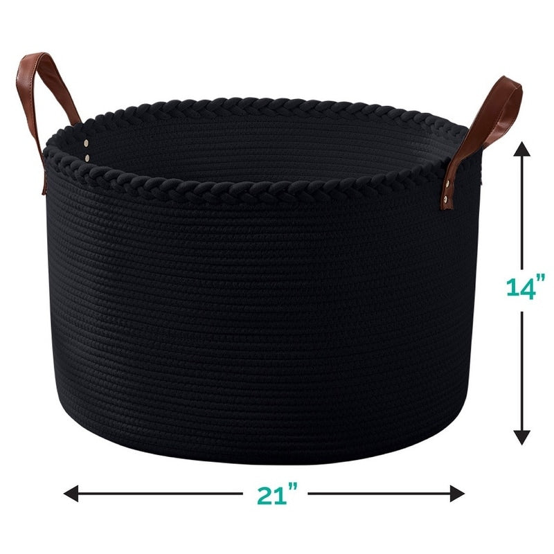 Grand panier à linge rond en corde de coton avec poignées en cuir, 21 x 21 x 14 - 21 x 21 x 14
