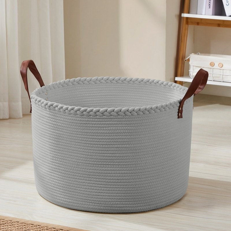 Grand panier à linge rond en corde de coton avec poignées en cuir, 21 x 21 x 14 - 21 x 21 x 14