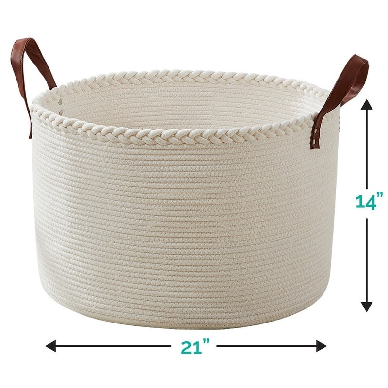 Grand panier à linge rond en corde de coton avec poignées en cuir, 21 x 21 x 14 - 21 x 21 x 14