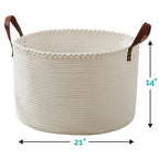 Grand panier à linge rond en corde de coton avec poignées en cuir, 21 x 21 x 14 - 21 x 21 x 14