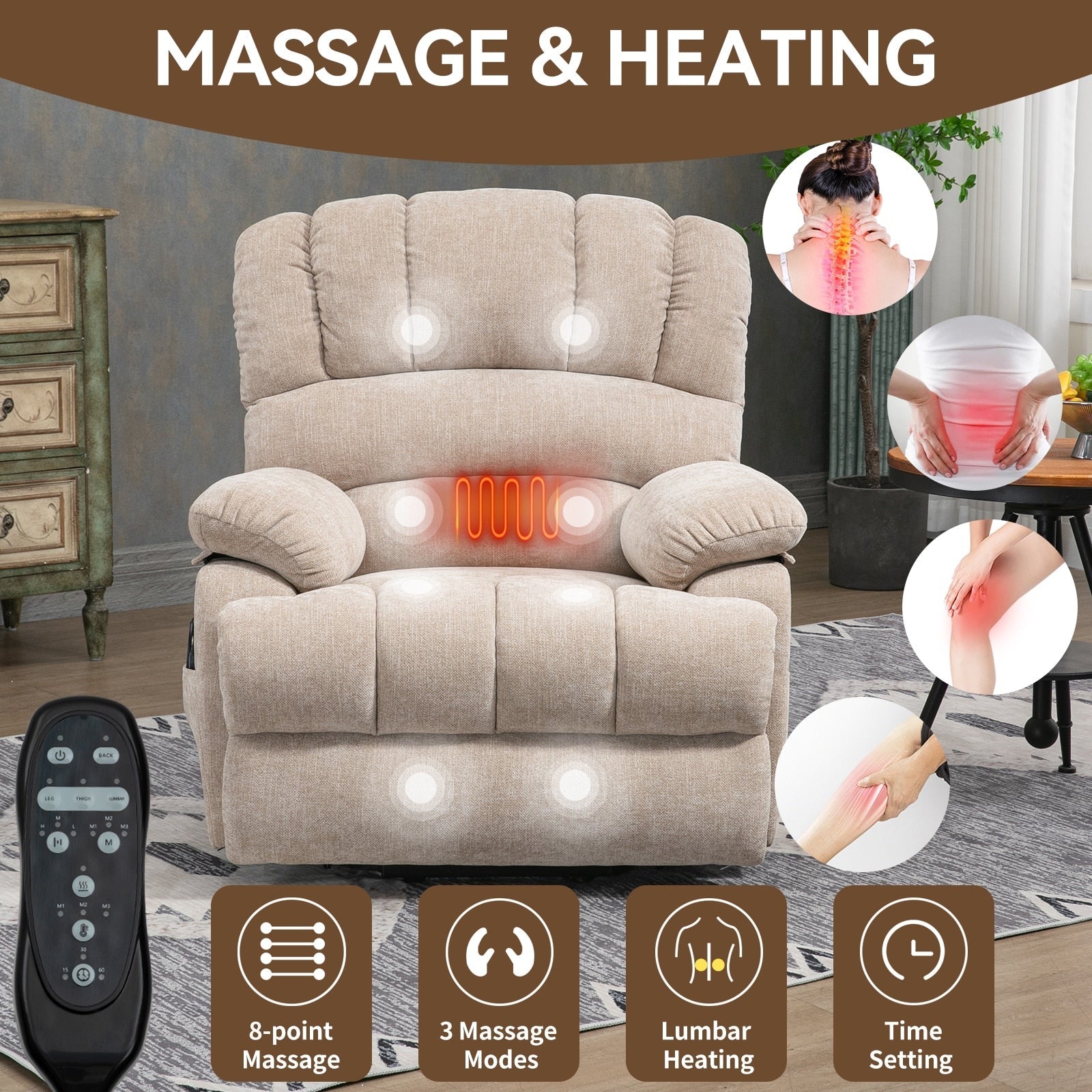Fauteuil inclinable électrique à deux moteurs de grande taille avec massage en 8 points, chauffage lombaire, ports USB et poches latérales