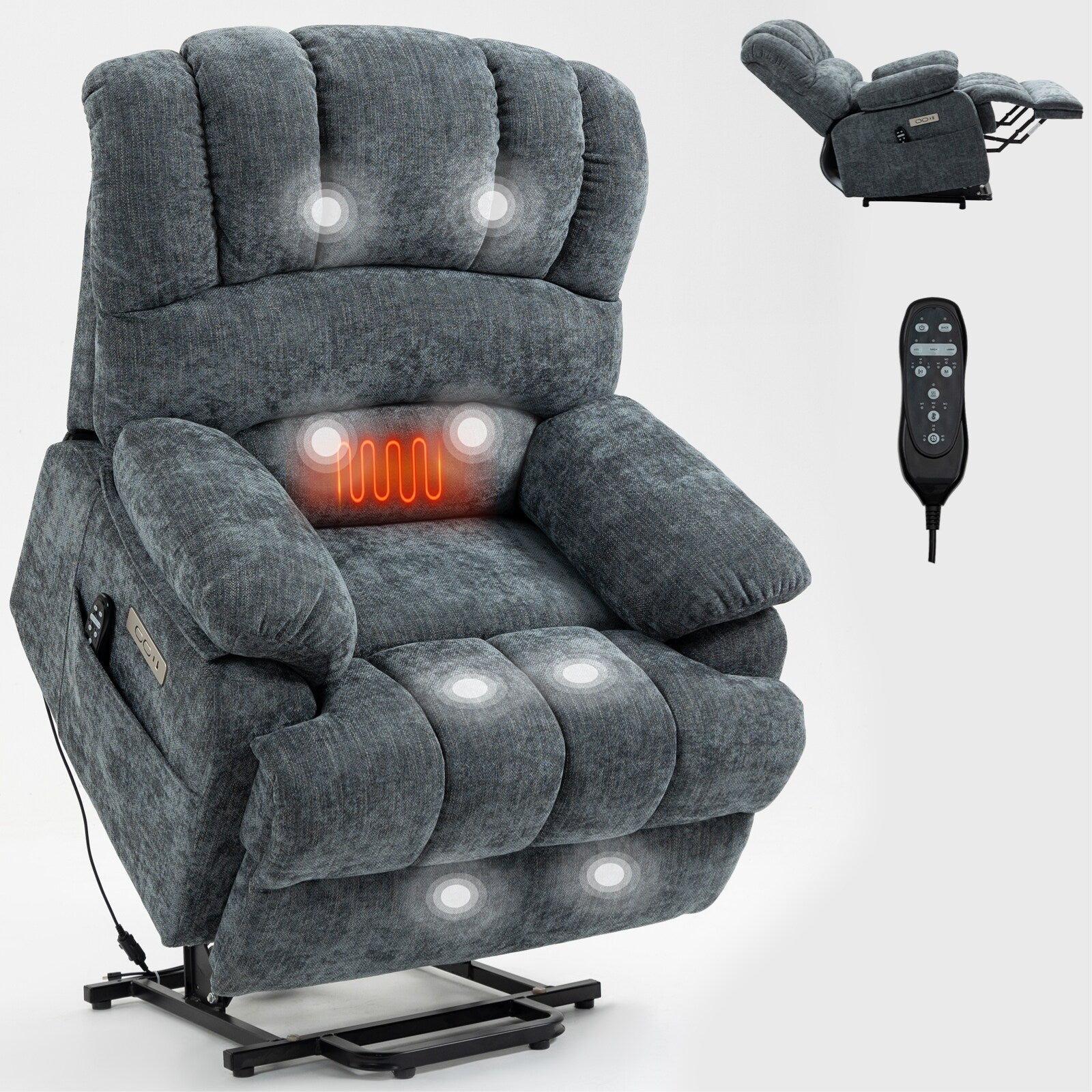 Fauteuil inclinable électrique à deux moteurs de grande taille avec massage en 8 points, chauffage lombaire, ports USB et poches latérales