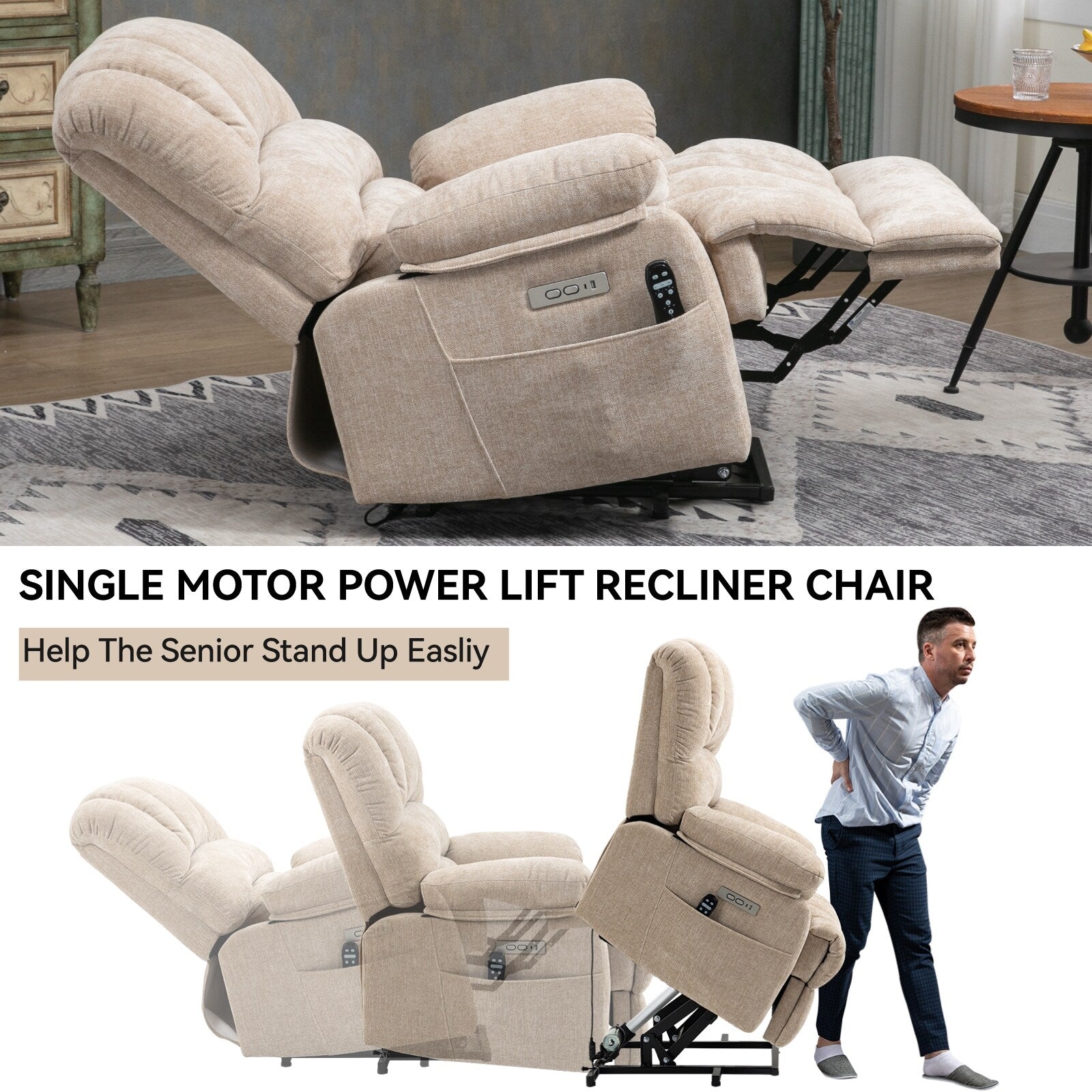 Fauteuil inclinable électrique à deux moteurs de grande taille avec massage en 8 points, chauffage lombaire, ports USB et poches latérales