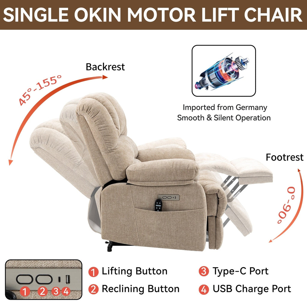 Fauteuil inclinable électrique à deux moteurs de grande taille avec massage en 8 points, chauffage lombaire, ports USB et poches latérales