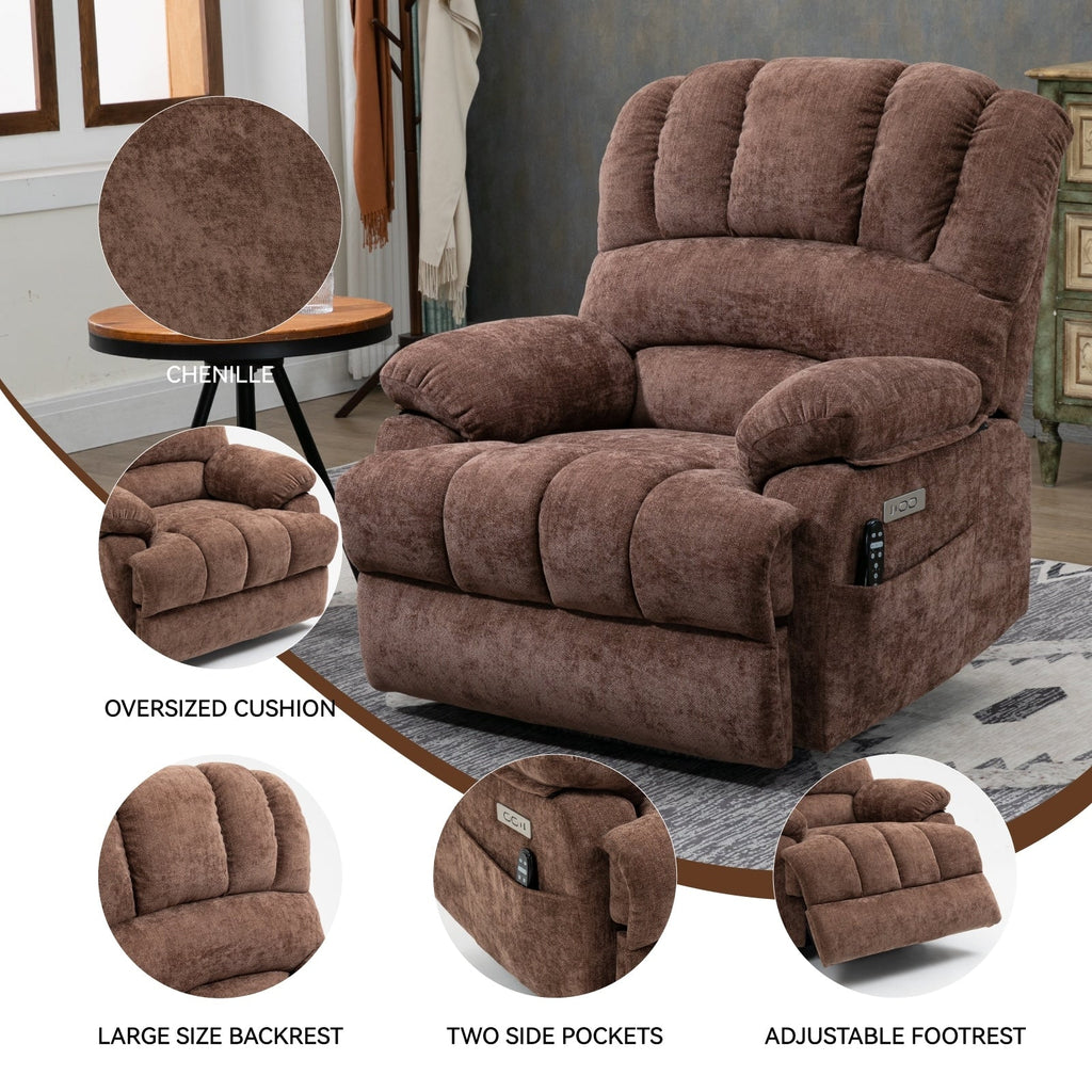 Fauteuil inclinable électrique à deux moteurs de grande taille avec massage en 8 points, chauffage lombaire, ports USB et poches latérales