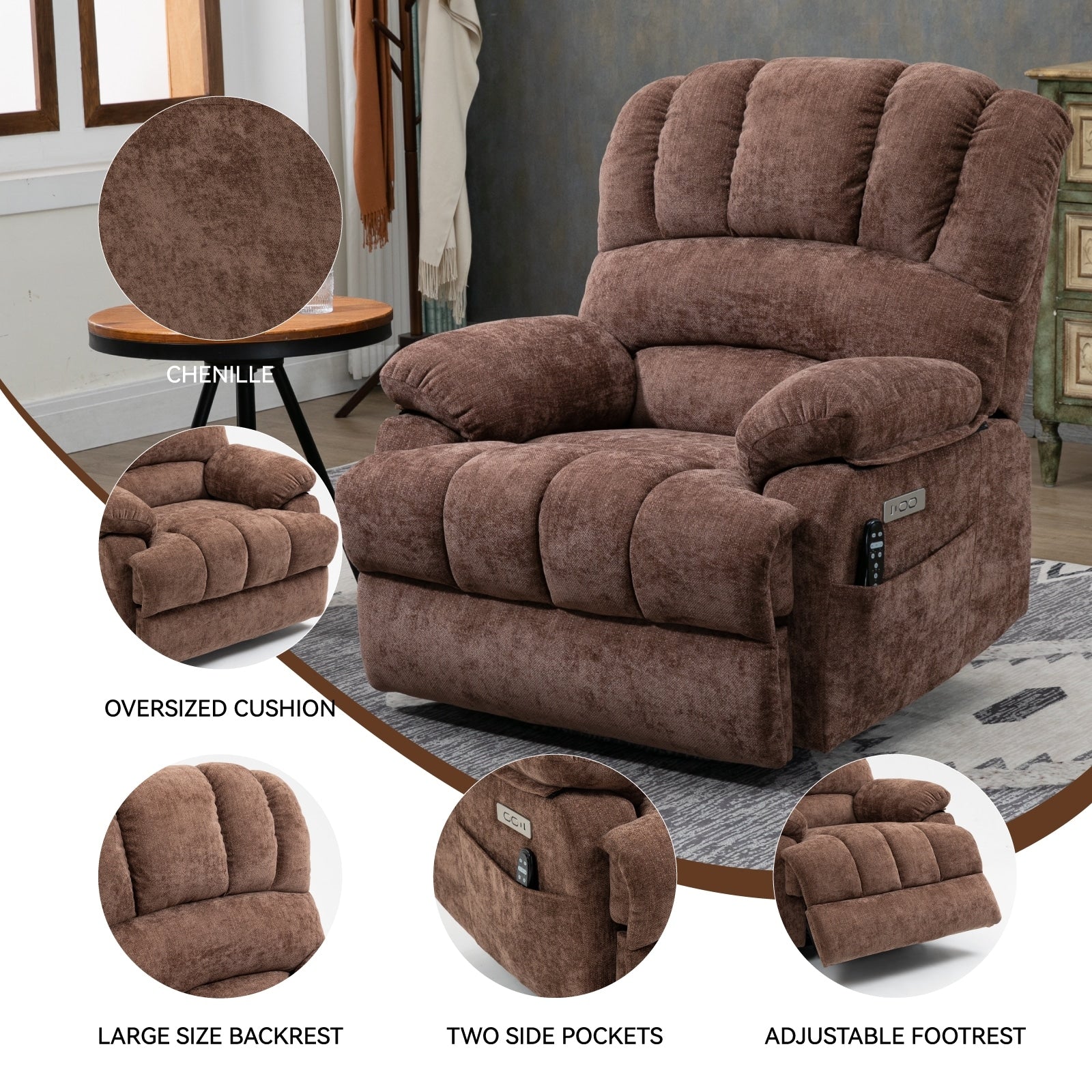 Fauteuil inclinable électrique à deux moteurs de grande taille avec massage en 8 points, chauffage lombaire, ports USB et poches latérales