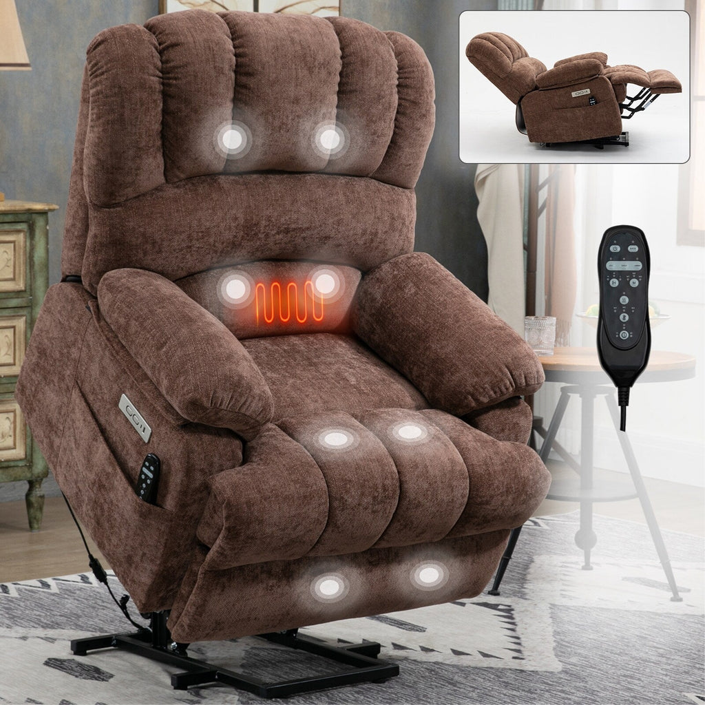 Fauteuil inclinable électrique à deux moteurs de grande taille avec massage en 8 points, chauffage lombaire, ports USB et poches latérales