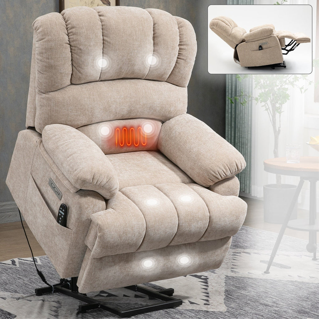 Fauteuil inclinable électrique à deux moteurs de grande taille avec massage en 8 points, chauffage lombaire, ports USB et poches latérales