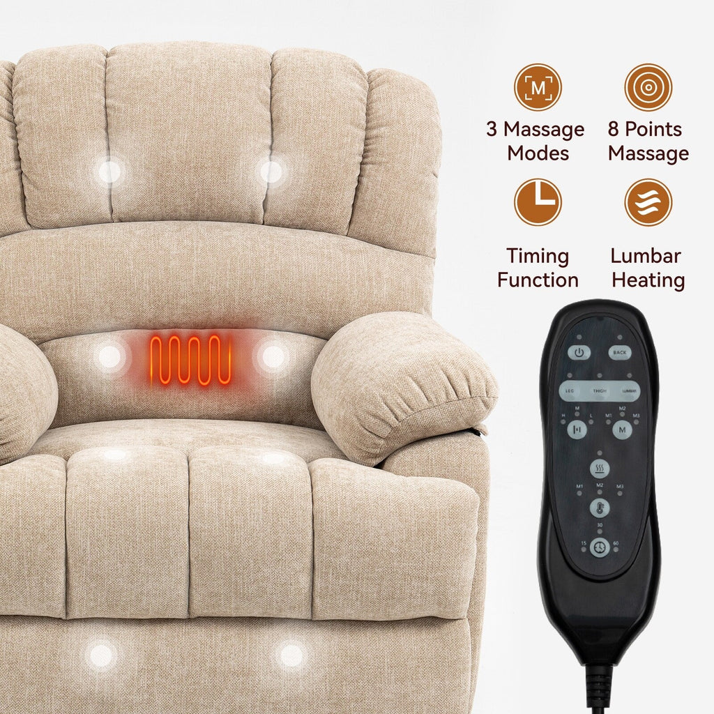 Fauteuil inclinable électrique à deux moteurs de grande taille avec massage en 8 points, chauffage lombaire, ports USB et poches latérales