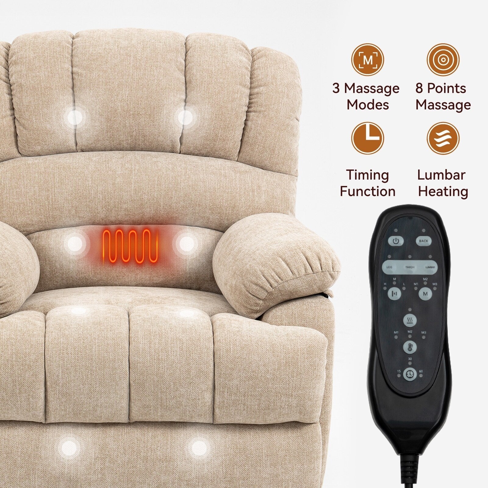 Fauteuil inclinable électrique à deux moteurs de grande taille avec massage en 8 points, chauffage lombaire, ports USB et poches latérales