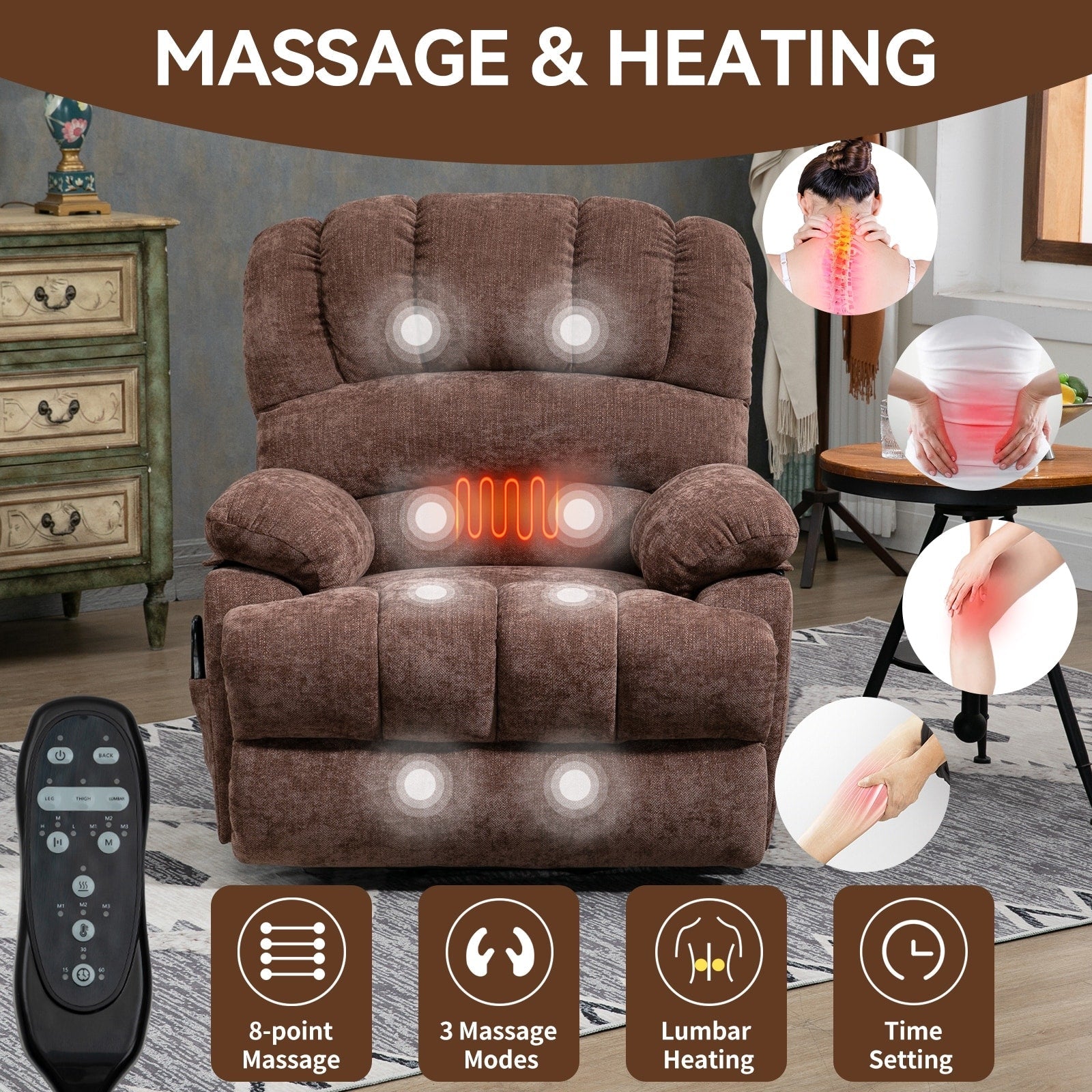 Fauteuil inclinable électrique à deux moteurs de grande taille avec massage en 8 points, chauffage lombaire, ports USB et poches latérales