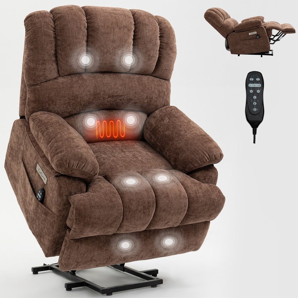 Fauteuil inclinable électrique à deux moteurs de grande taille avec massage en 8 points, chauffage lombaire, ports USB et poches latérales