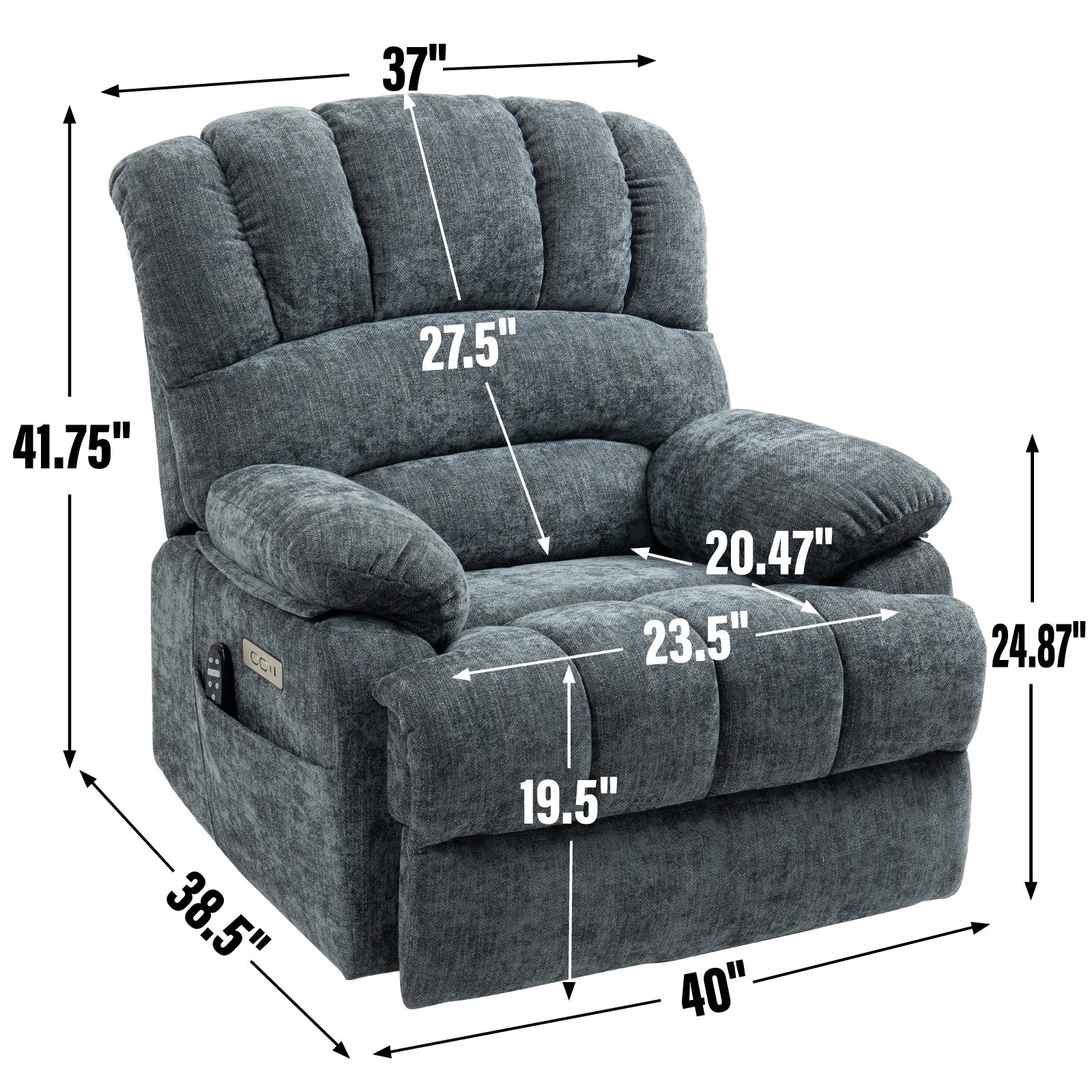 Fauteuil inclinable électrique à deux moteurs de grande taille avec massage en 8 points, chauffage lombaire, ports USB et poches latérales