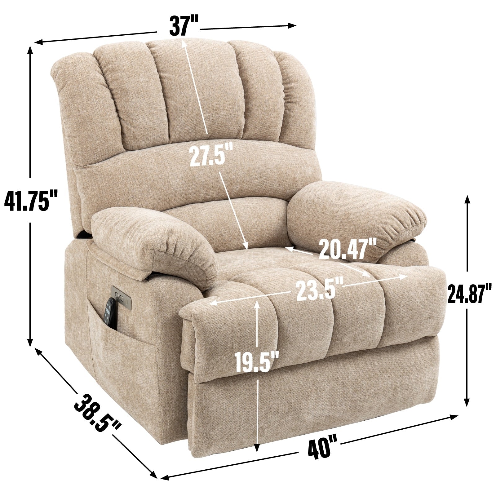 Fauteuil inclinable électrique à deux moteurs de grande taille avec massage en 8 points, chauffage lombaire, ports USB et poches latérales