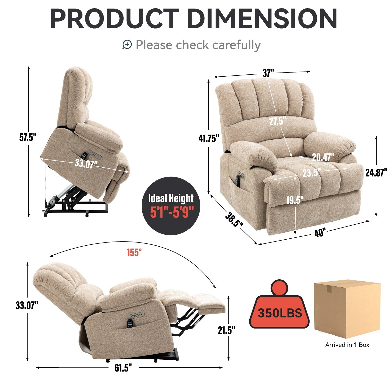 Fauteuil inclinable électrique à deux moteurs de grande taille avec massage en 8 points, chauffage lombaire, ports USB et poches latérales