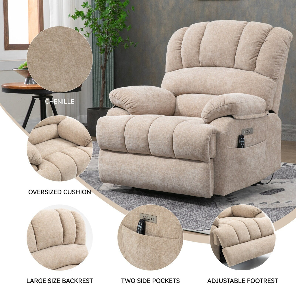 Fauteuil inclinable électrique à deux moteurs de grande taille avec massage en 8 points, chauffage lombaire, ports USB et poches latérales