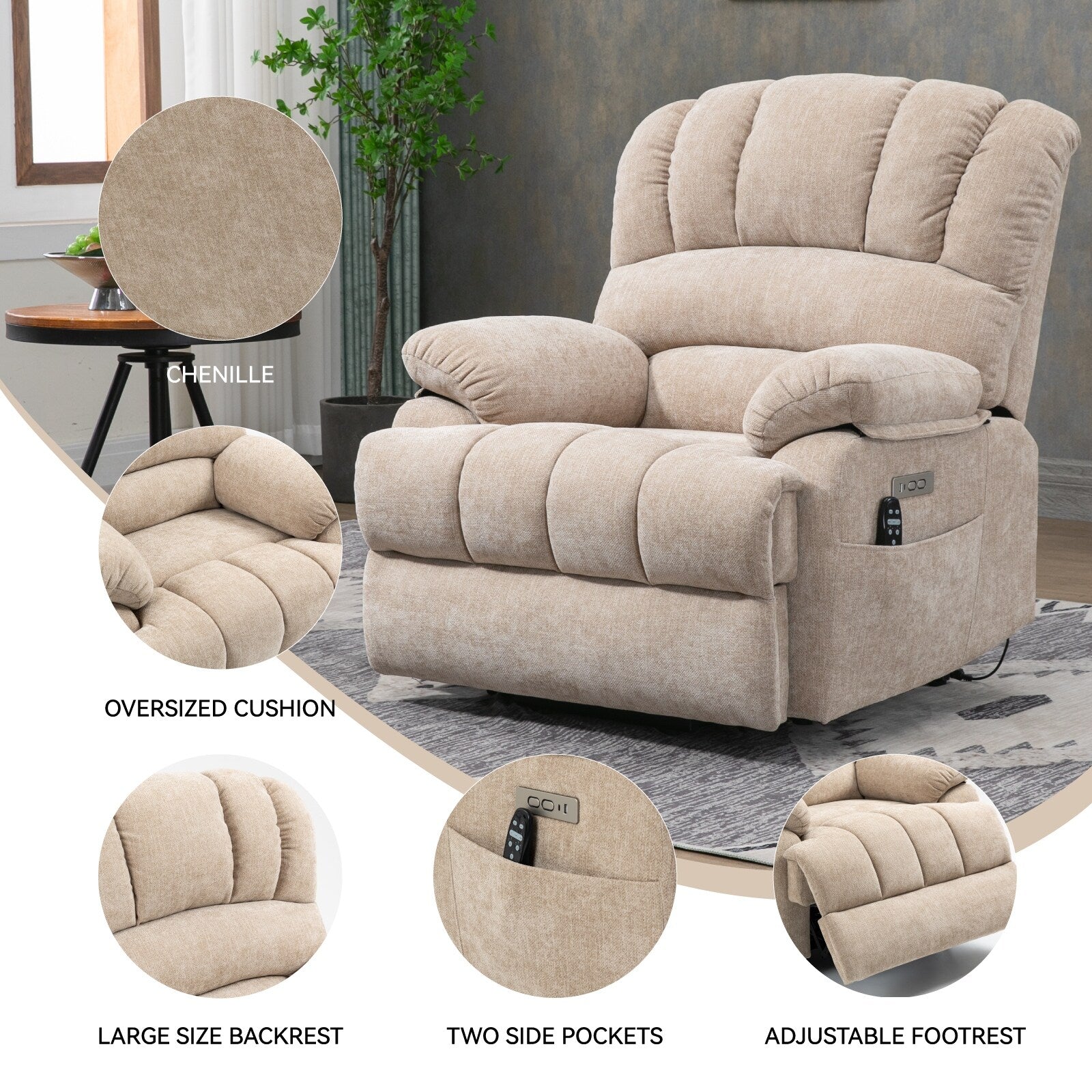 Fauteuil inclinable électrique à deux moteurs de grande taille avec massage en 8 points, chauffage lombaire, ports USB et poches latérales
