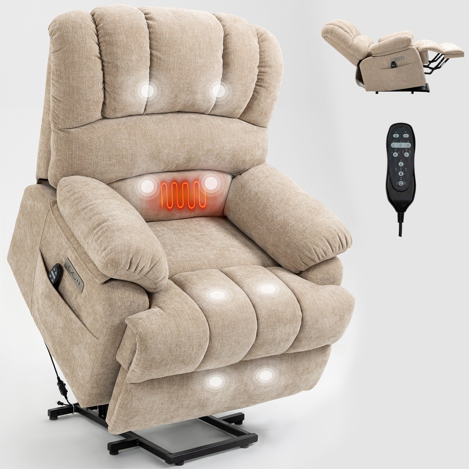 Fauteuil inclinable électrique à deux moteurs de grande taille avec massage en 8 points, chauffage lombaire, ports USB et poches latérales