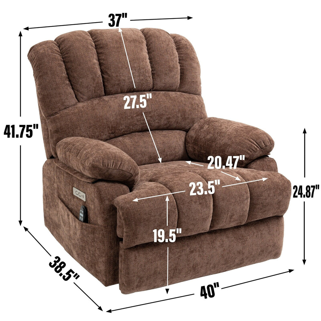 Fauteuil inclinable électrique à deux moteurs de grande taille avec massage en 8 points, chauffage lombaire, ports USB et poches latérales