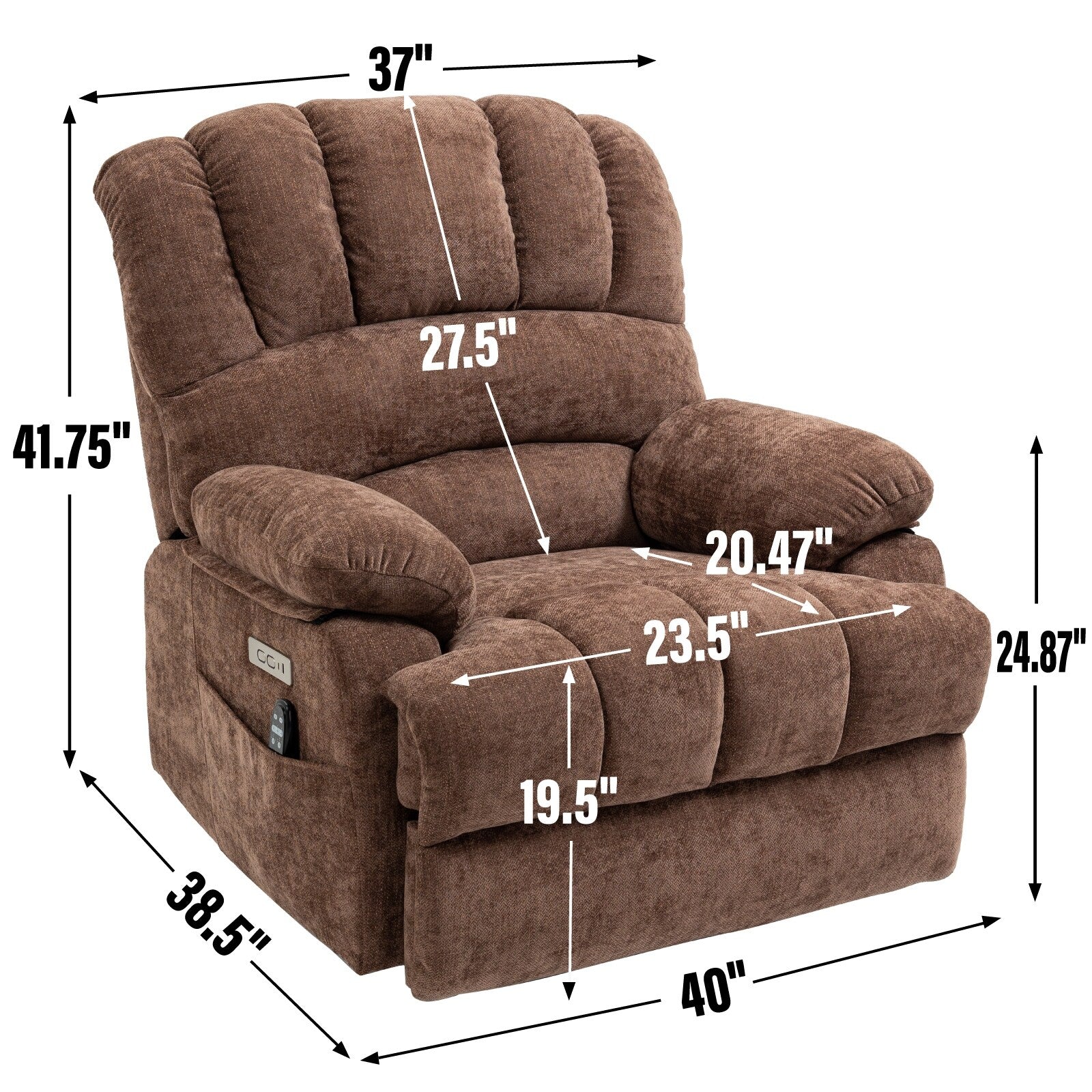 Fauteuil inclinable électrique à deux moteurs de grande taille avec massage en 8 points, chauffage lombaire, ports USB et poches latérales